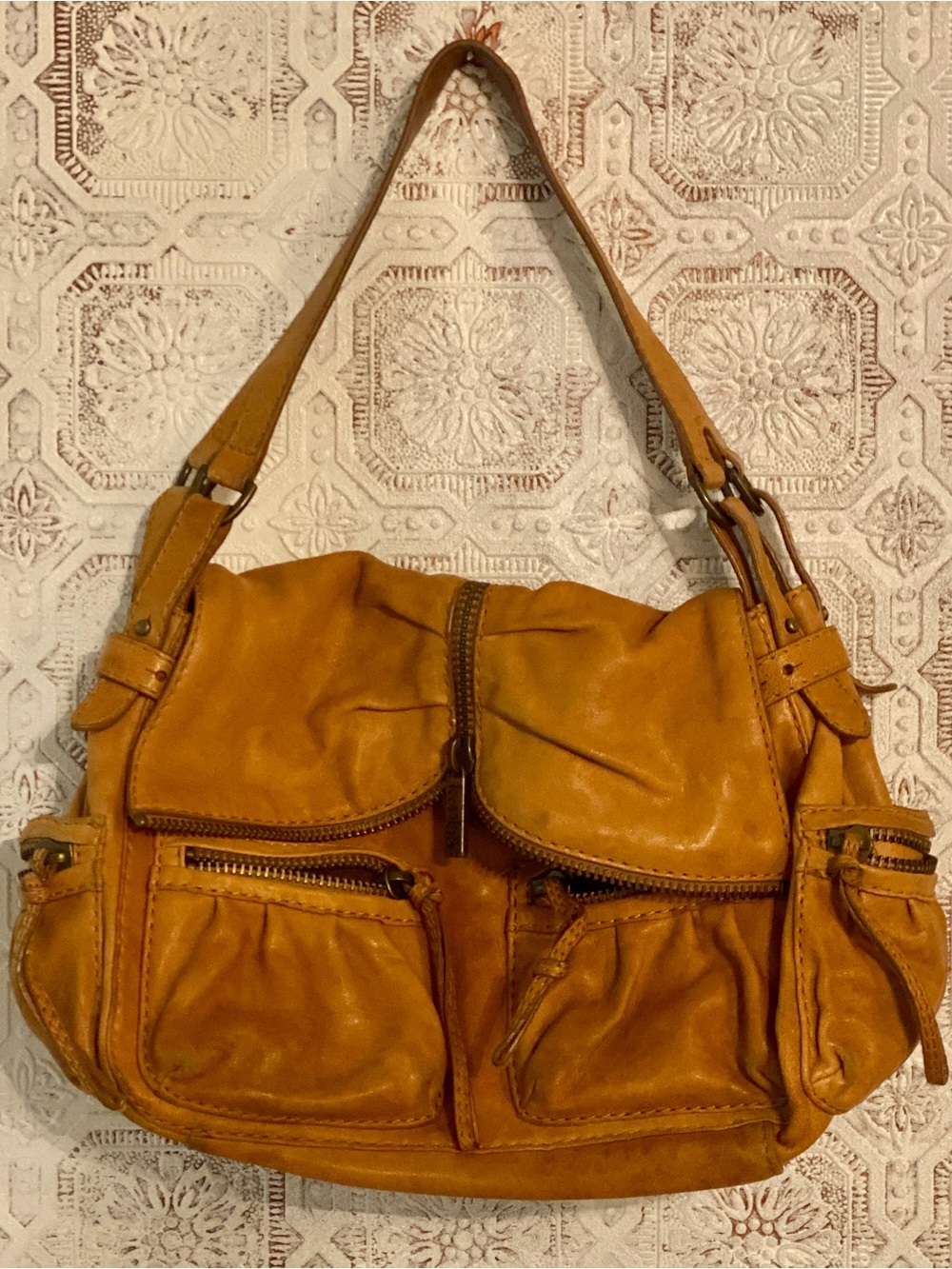 Kooba Tan Leather Shoulder Bag with Front Zip Pockets